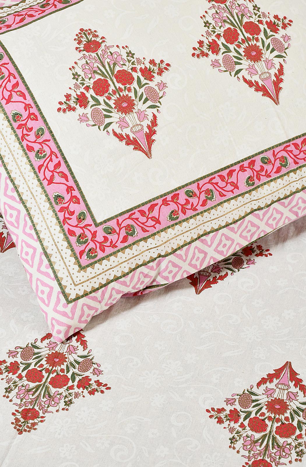 White Floral Block Printed Double Bedsheet - Naksheband