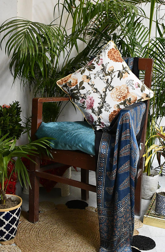 Off White Floral Hand Printed Cotton 16x16 Cushion Covers