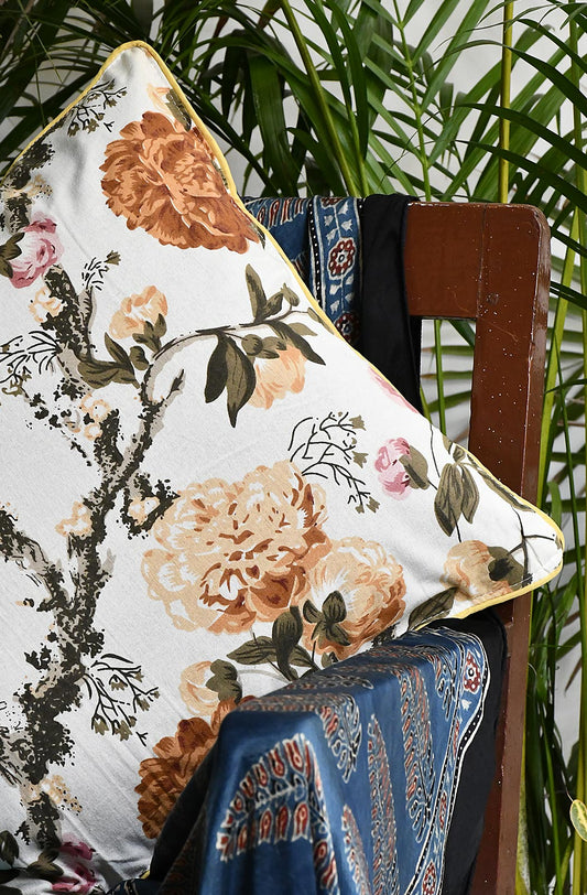 Off White Floral Hand Printed Cotton 16x16 Cushion Covers