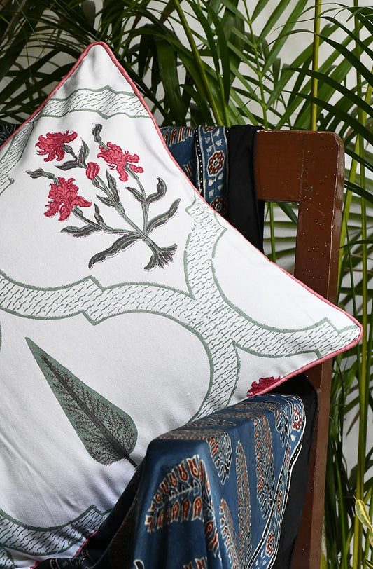 White Hand Printed Cotton 16x16 Cushion Covers