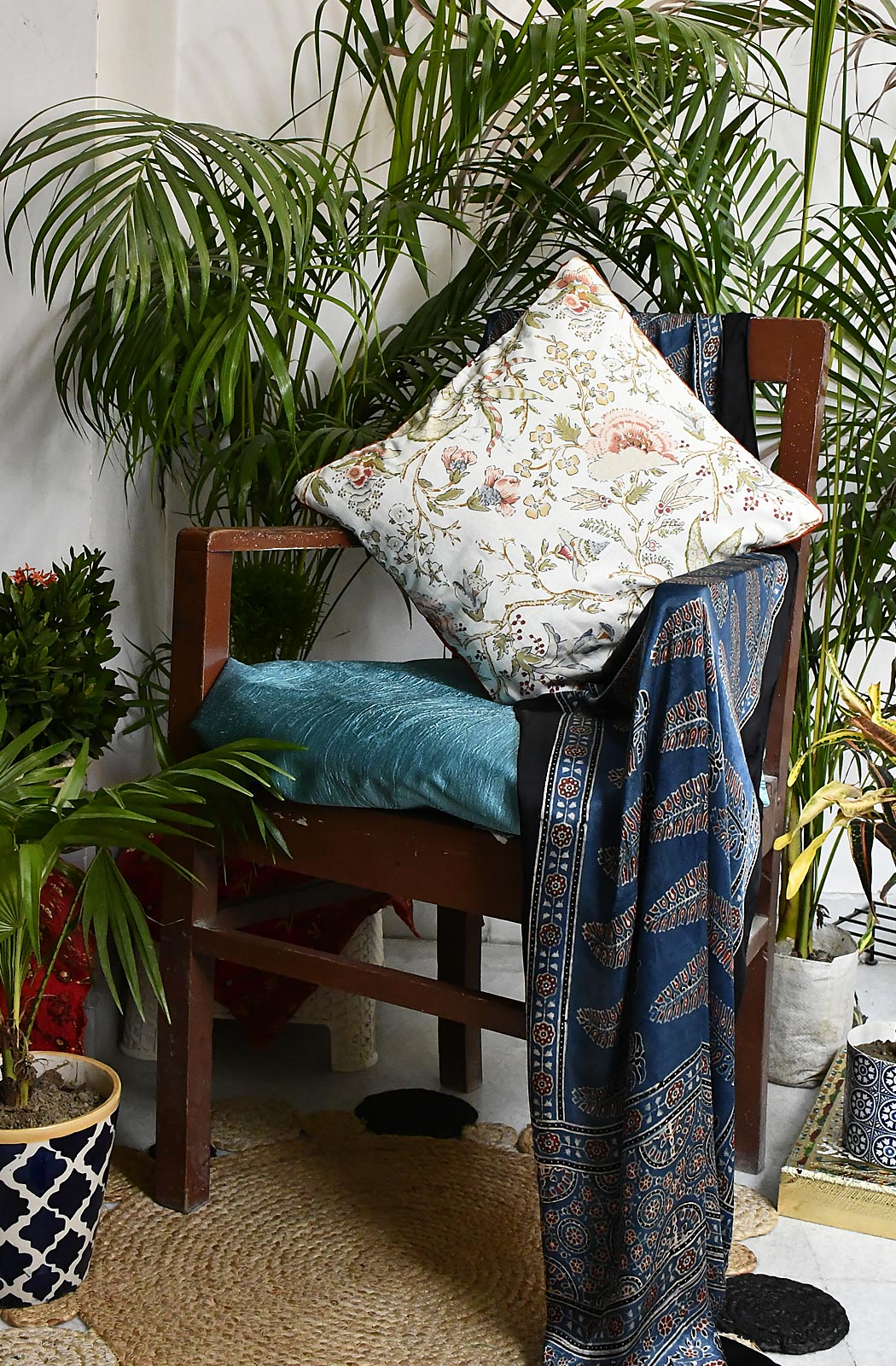 Cream Floral Hand Printed Cotton 16x16 Cushion Covers