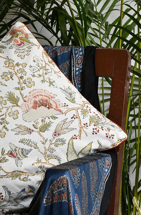 Cream Floral Hand Printed Cotton 16x16 Cushion Covers
