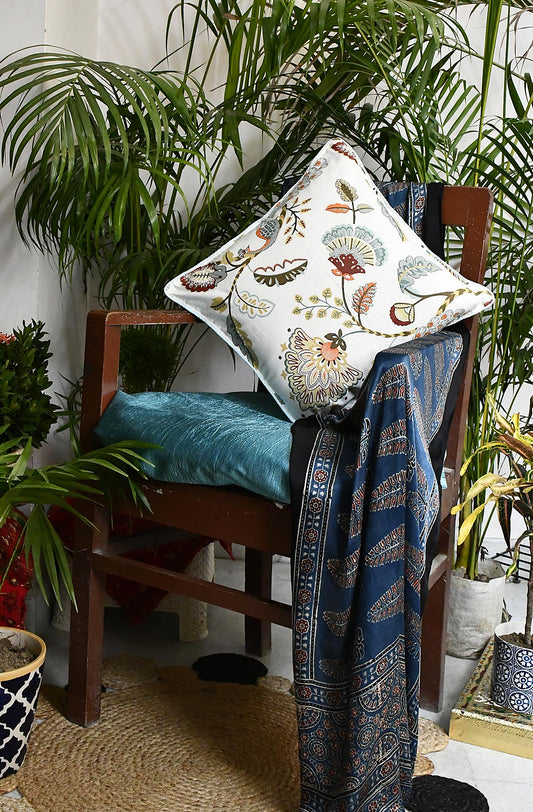 White Floral Hand Printed Cotton 16x16 Cushion Covers