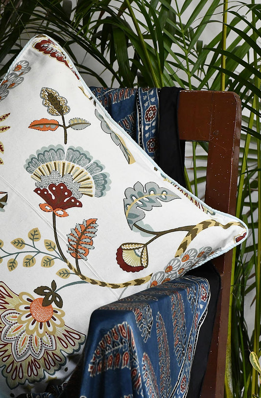 White Floral Hand Printed Cotton 16x16 Cushion Covers