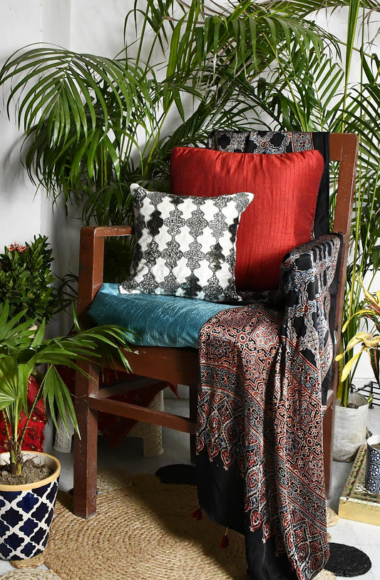 Off White Hand Embroidered Designer Cushion Cover