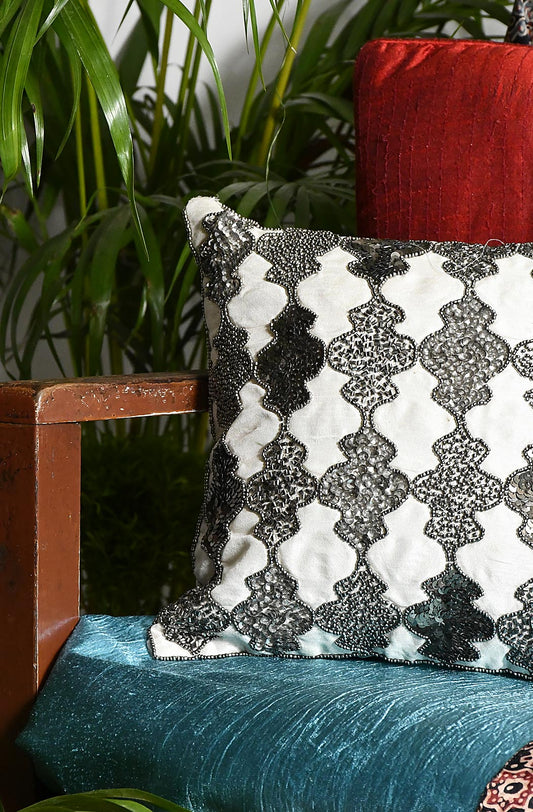 Off White Hand Embroidered Designer Cushion Cover