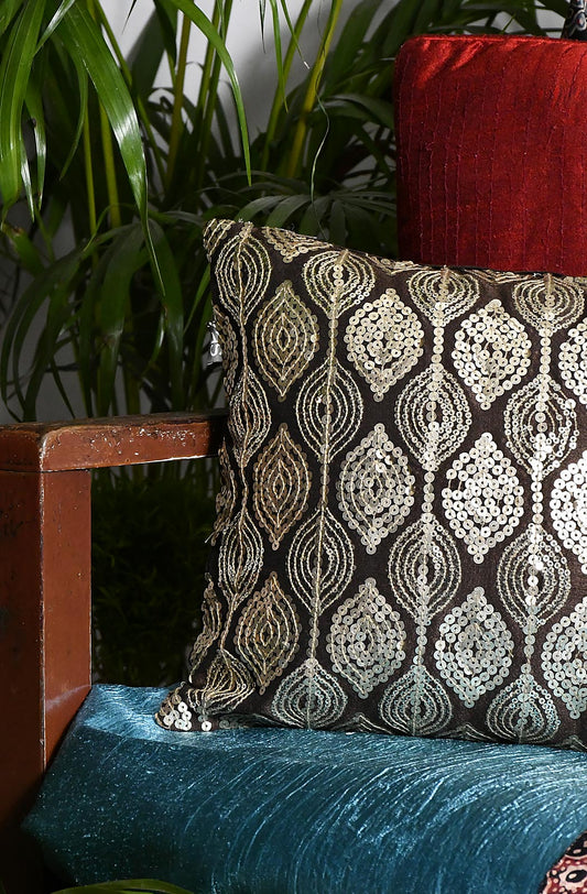 Brown Hand Embroidered Designer Cushion Cover