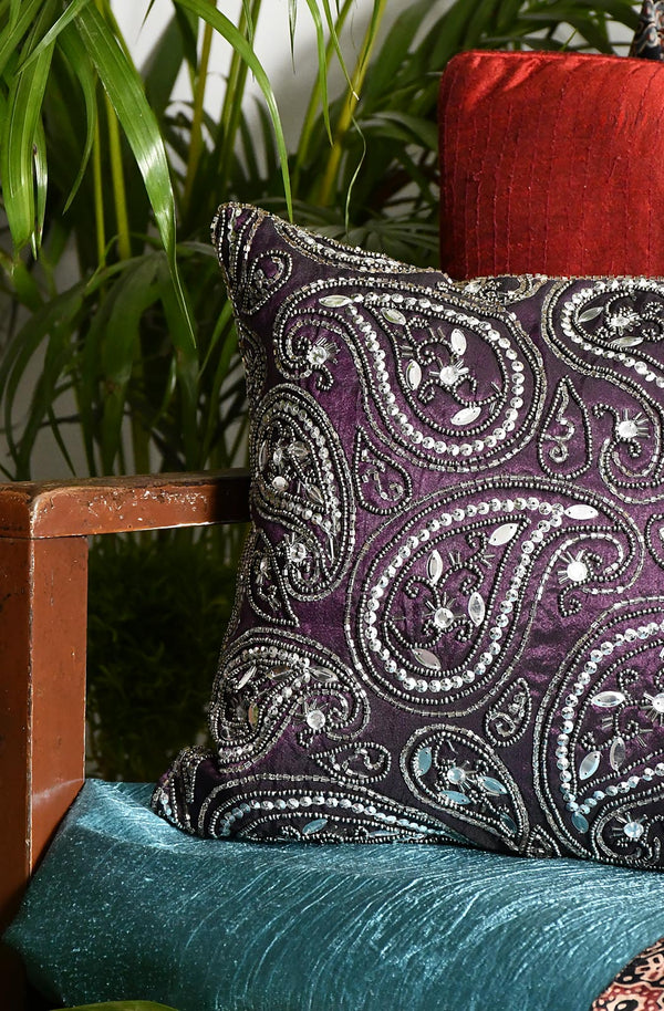 Purple Hand Embroidered Designer Cushion Cover