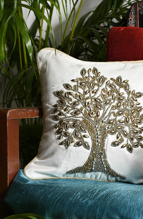 Off White Hand Embroidered Designer Cushion Cover