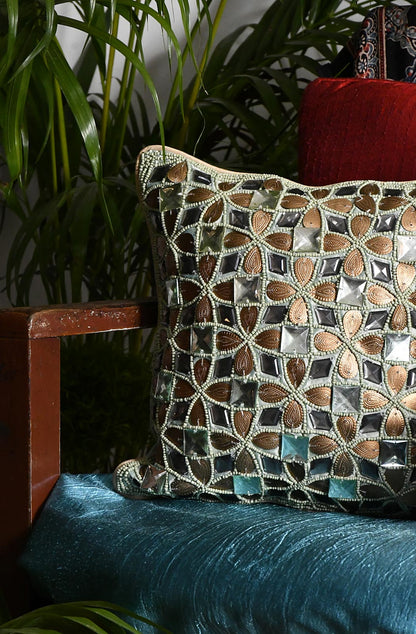 Green Hand Embroidered Designer Cushion Cover