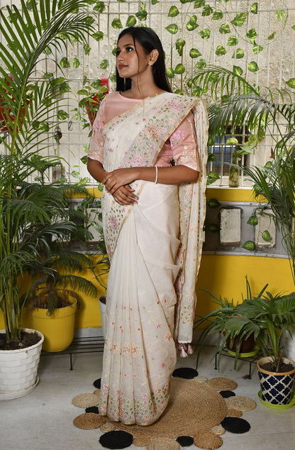 Off White Kota Check Embroidered Saree