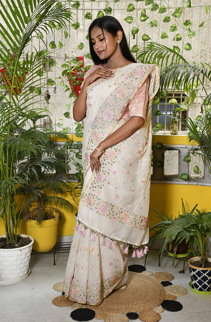 Off White Kota Check Embroidered Saree