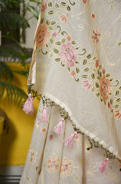 Off White Kota Check Embroidered Saree