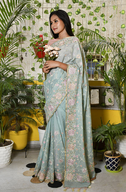 Sea Green Kota Check Embroidered Saree