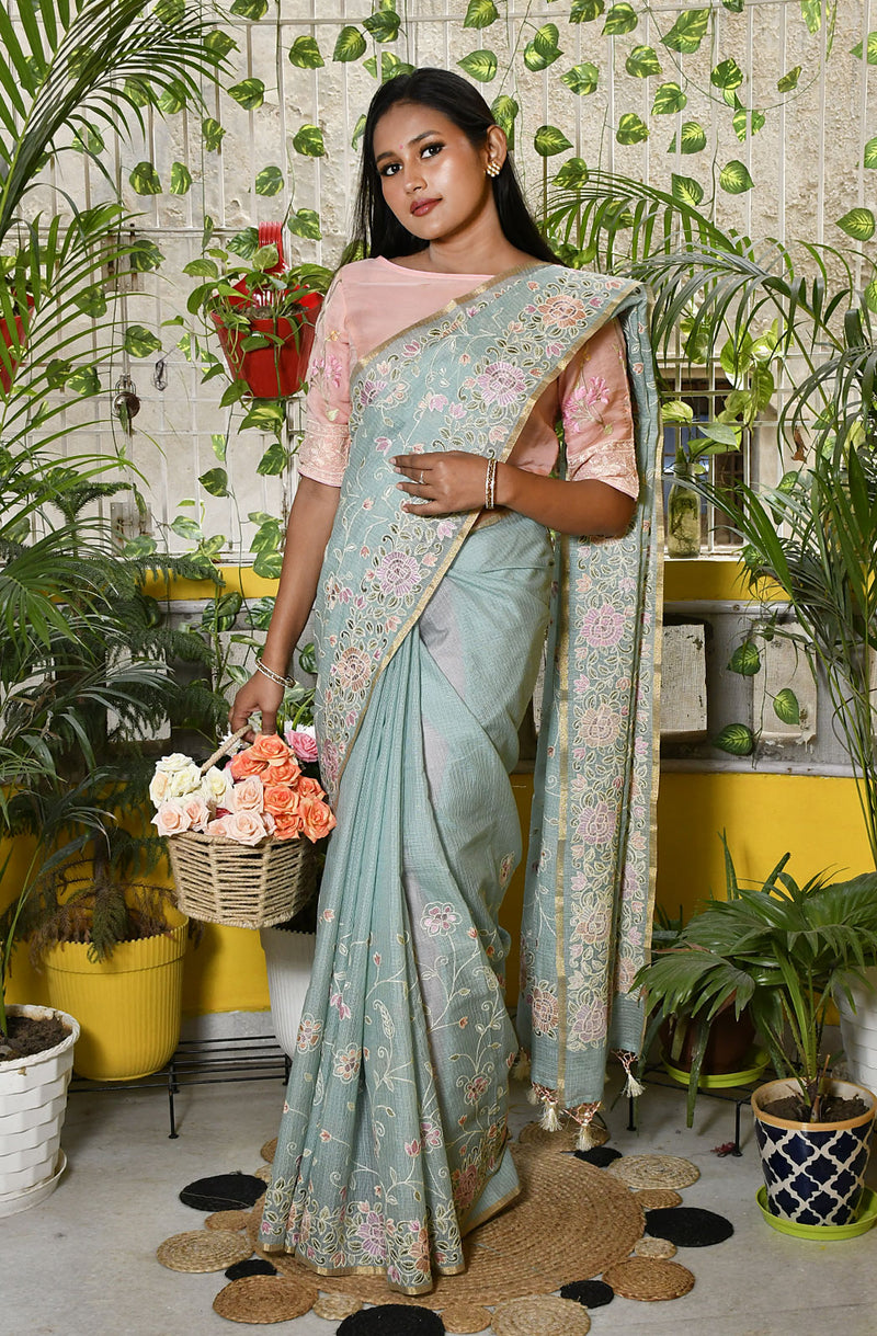 Sea Green Kota Check Embroidered Saree