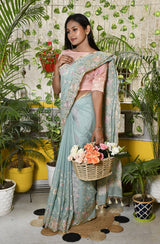 Sea Green Kota Check Embroidered Saree