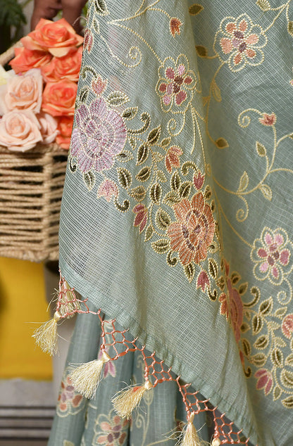 Sea Green Kota Check Embroidered Saree