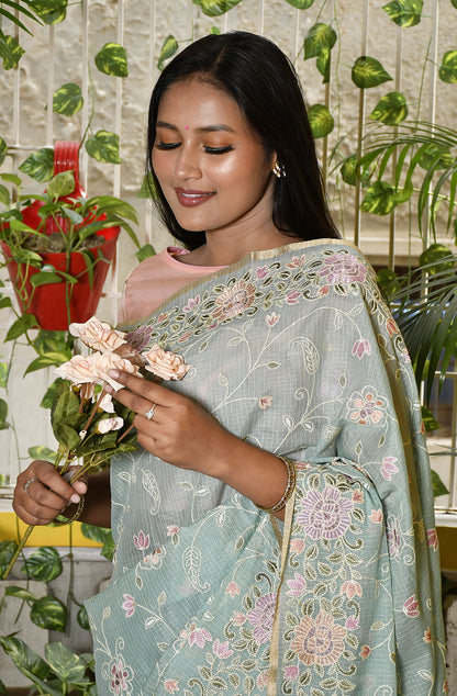 Sea Green Kota Check Embroidered Saree