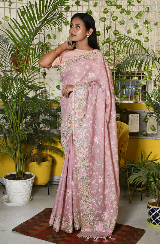 Onion Pink Kota Check Embroidered Saree - Naksheband