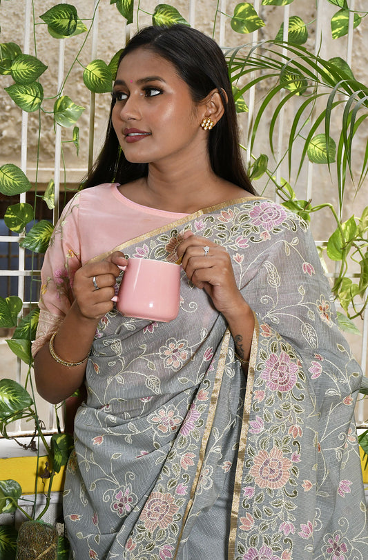 Grey Kota Check Embroidered Saree - Naksheband