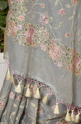 Grey Kota Check Embroidered Saree