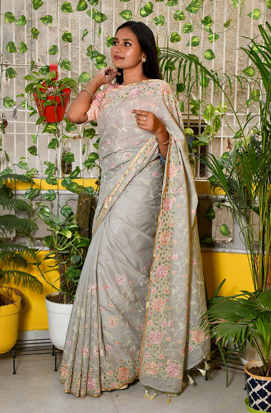 Light Grey Kota Check Embroidered Saree - Naksheband
