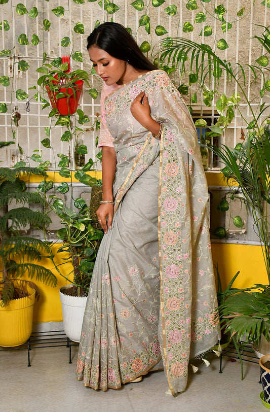Light Grey Kota Check Embroidered Saree - Naksheband