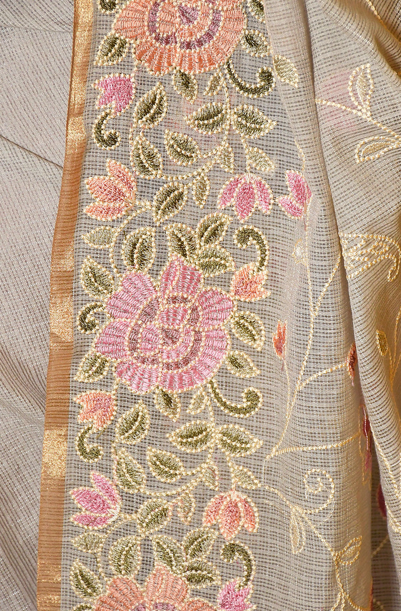 Light Grey Kota Check Embroidered Saree