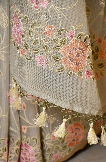 Light Grey Kota Check Embroidered Saree - Naksheband