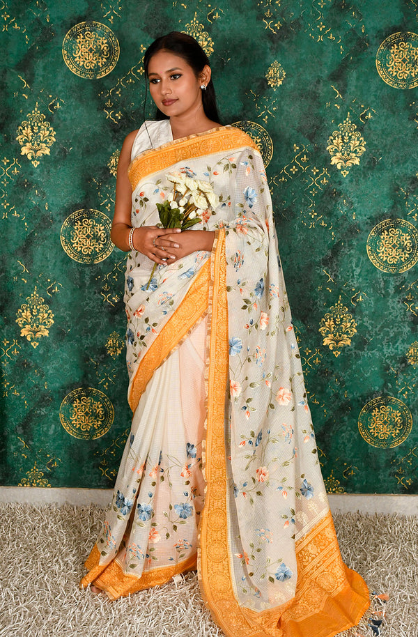 Off White and Mustard Kota Check Embroidered Saree