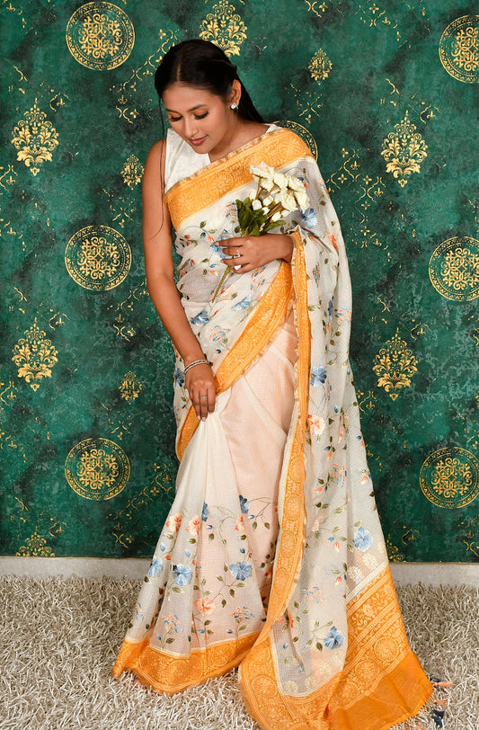Off White and Mustard Kota Check Embroidered Saree - Naksheband