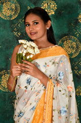 Off White and Mustard Kota Check Embroidered Saree