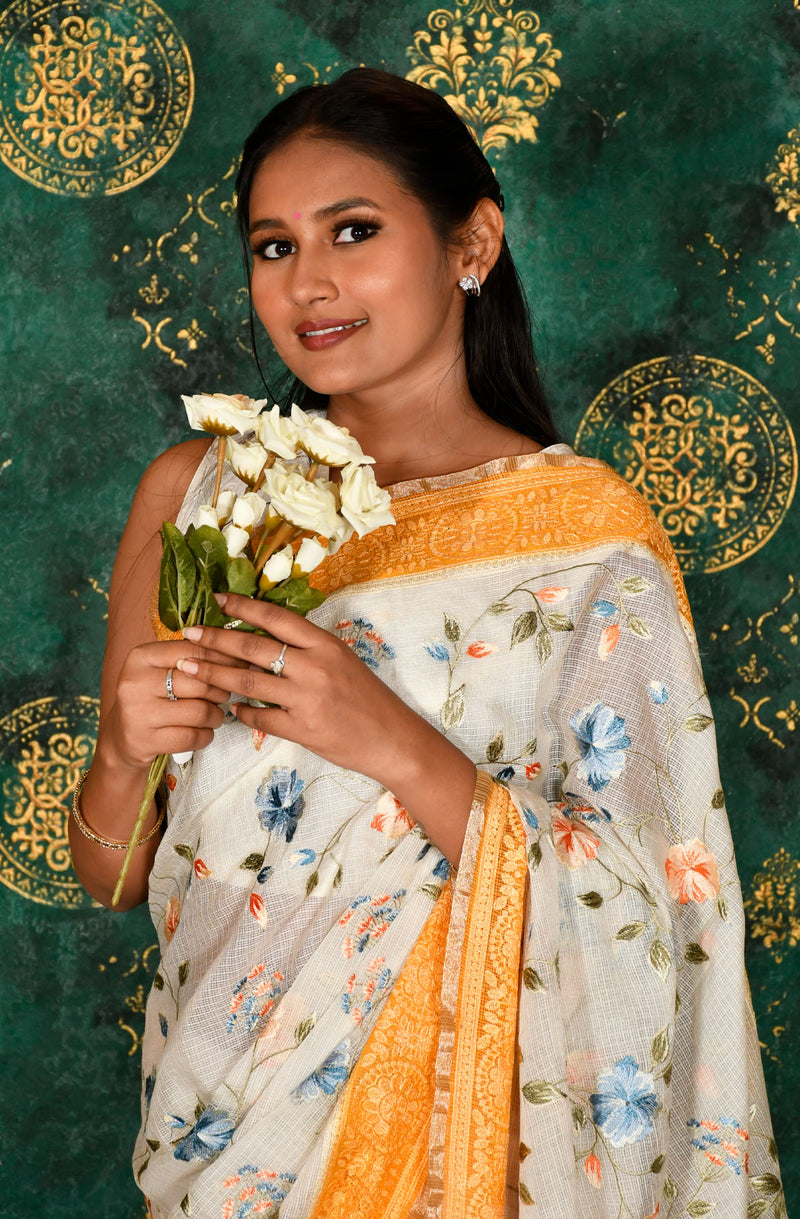 Off White and Mustard Kota Check Embroidered Saree