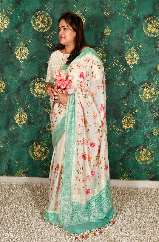 Off White and Sea Green Kota Check Embroidered Saree - Naksheband