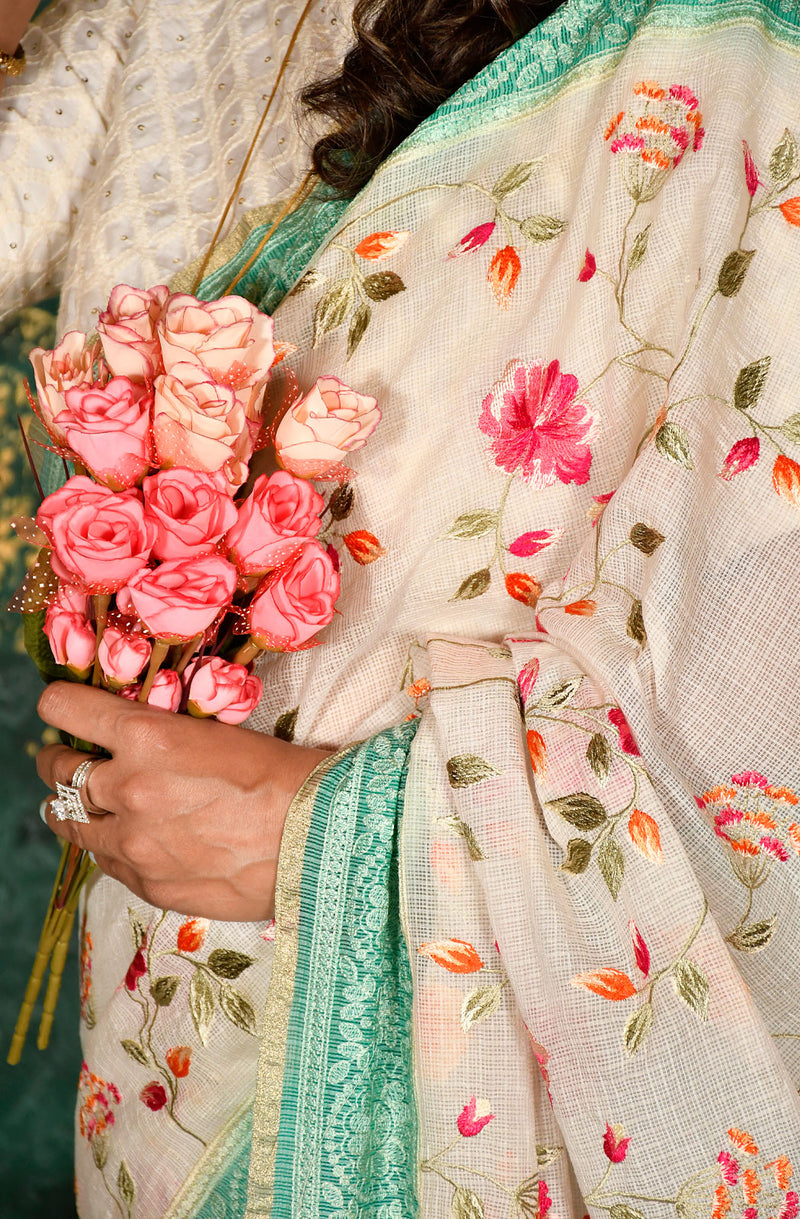 Off White and Sea Green Kota Check Embroidered Saree