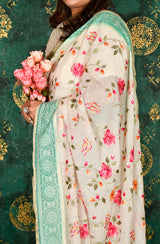 Off White and Sea Green Kota Check Embroidered Saree