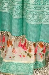 Off White and Sea Green Kota Check Embroidered Saree