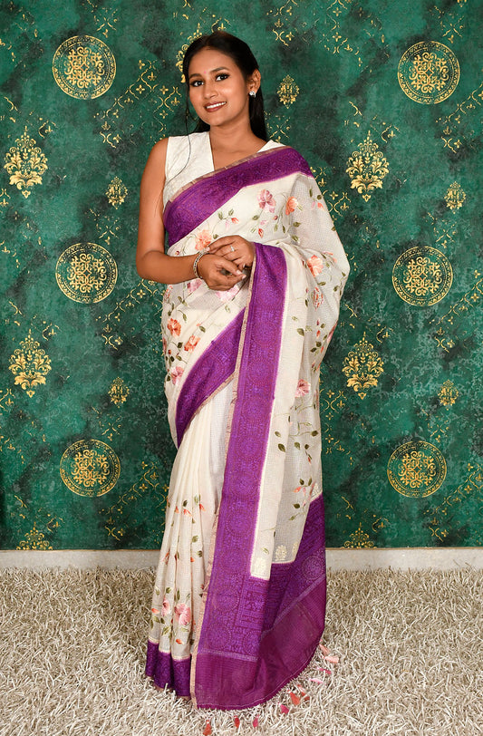 Off White and Purple Kota Check Embroidered Saree - Naksheband