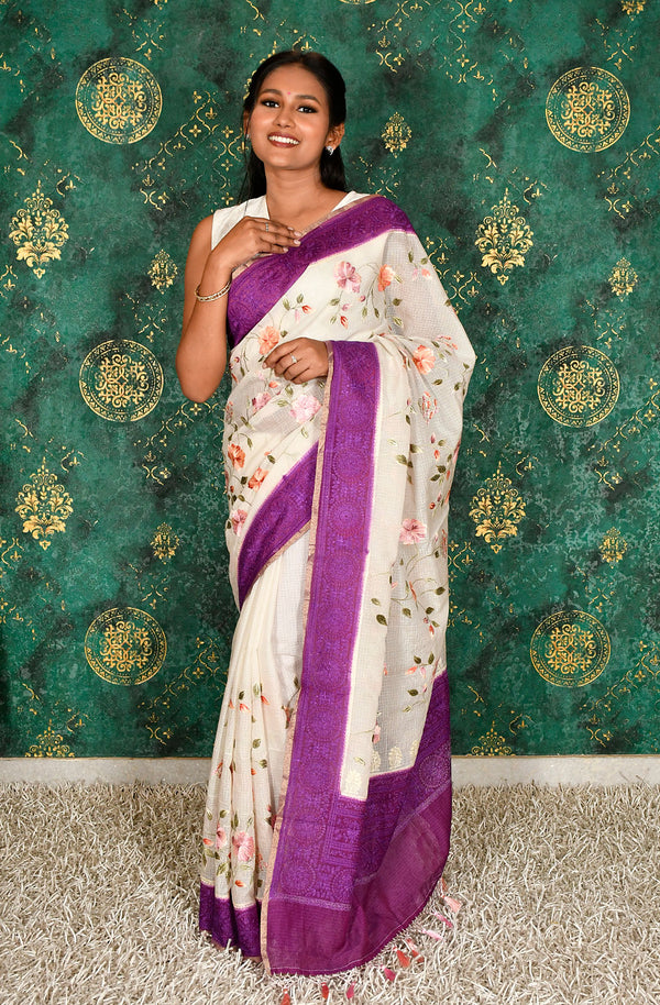 Off White and Purple Kota Check Embroidered Saree