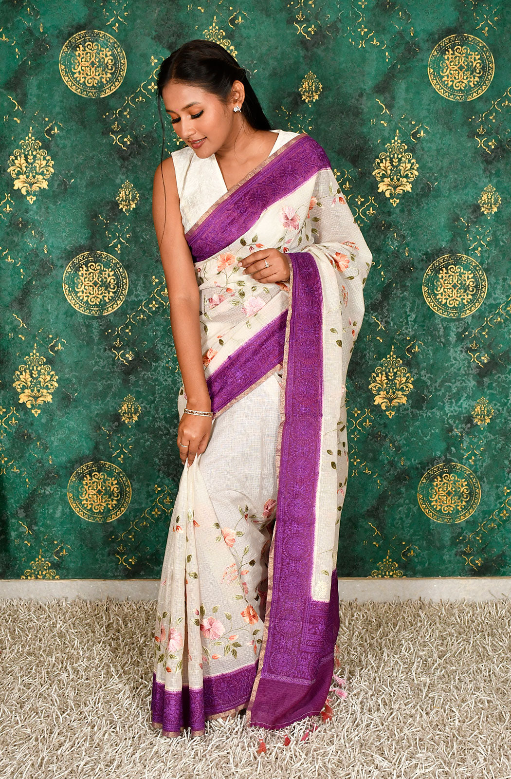 Off White and Purple Kota Check Embroidered Saree - Naksheband