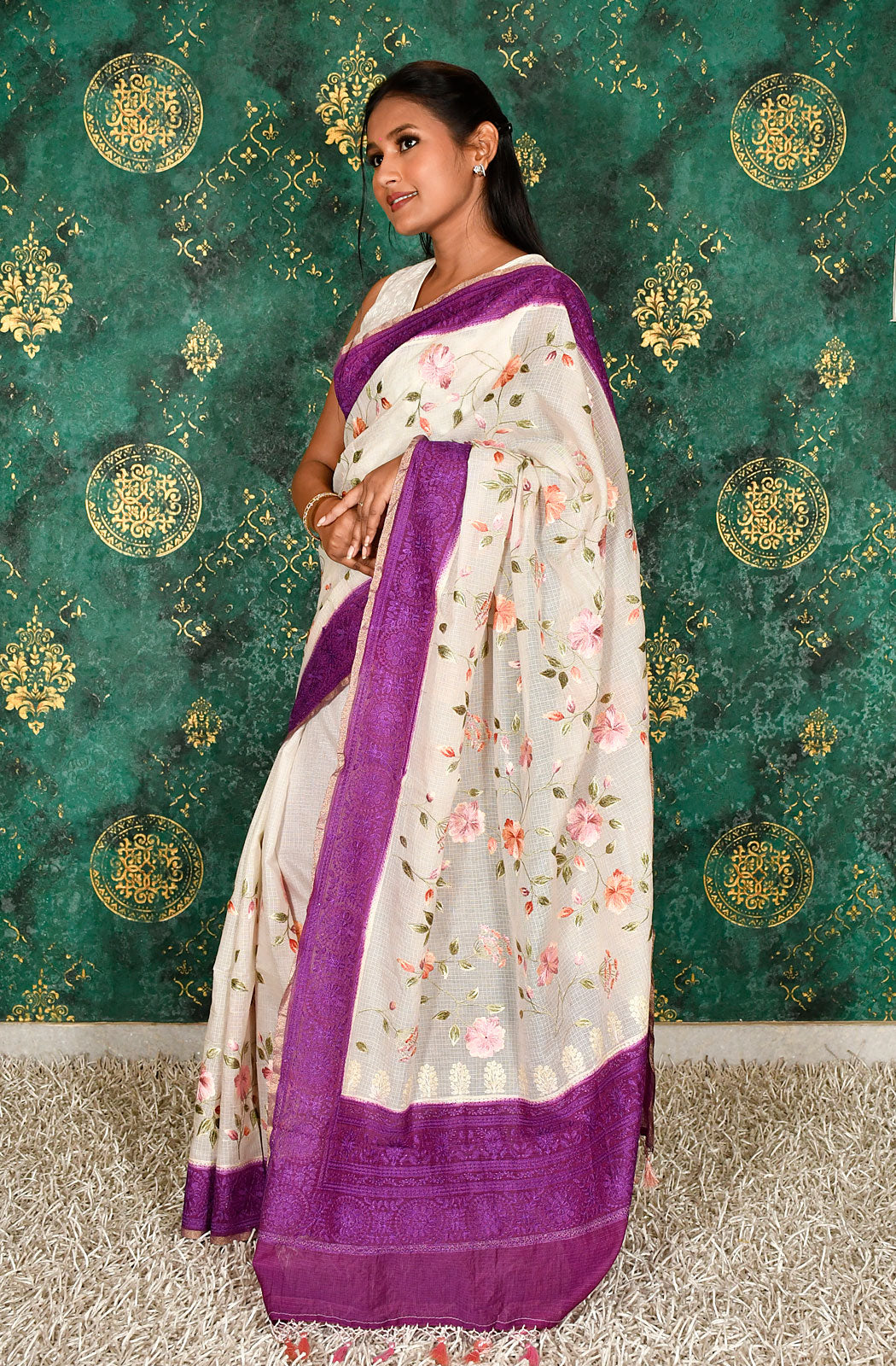 Off White and Purple Kota Check Embroidered Saree - Naksheband