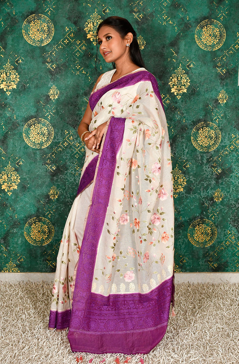 Off White and Purple Kota Check Embroidered Saree