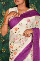 Off White and Purple Kota Check Embroidered Saree