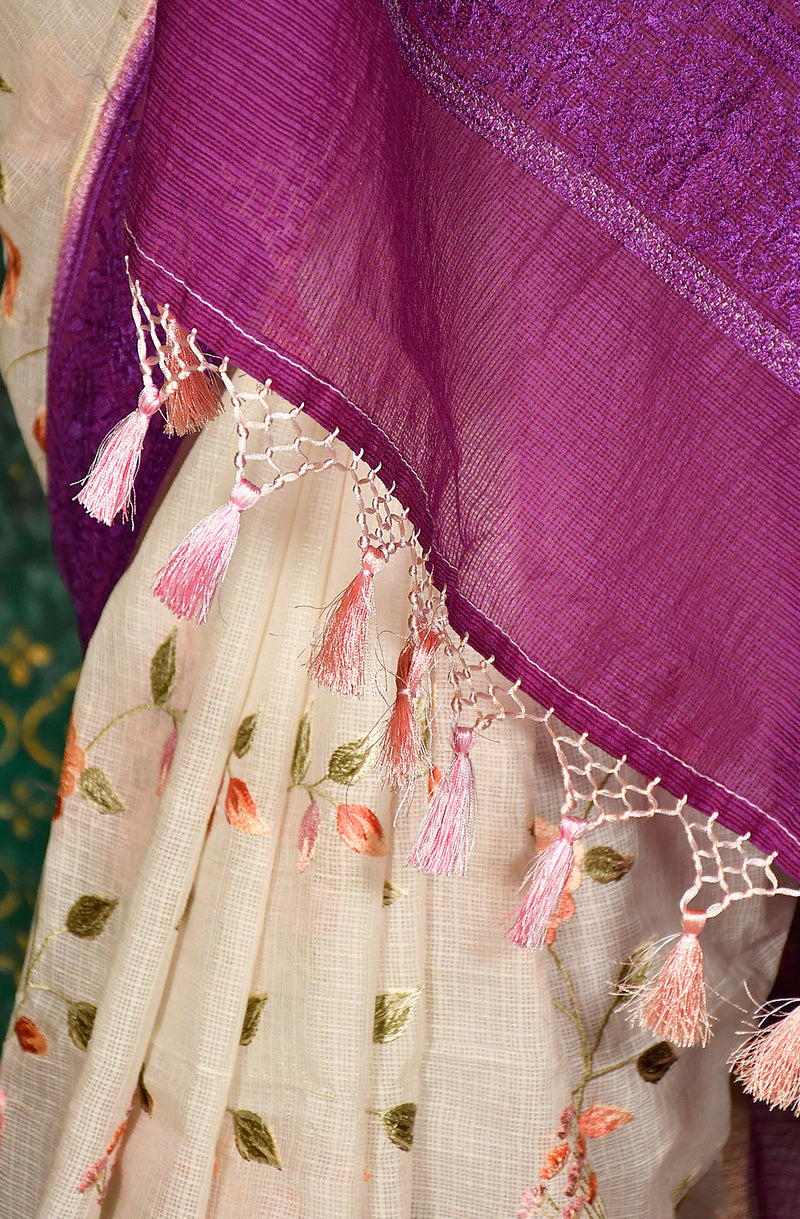 Off White and Purple Kota Check Embroidered Saree