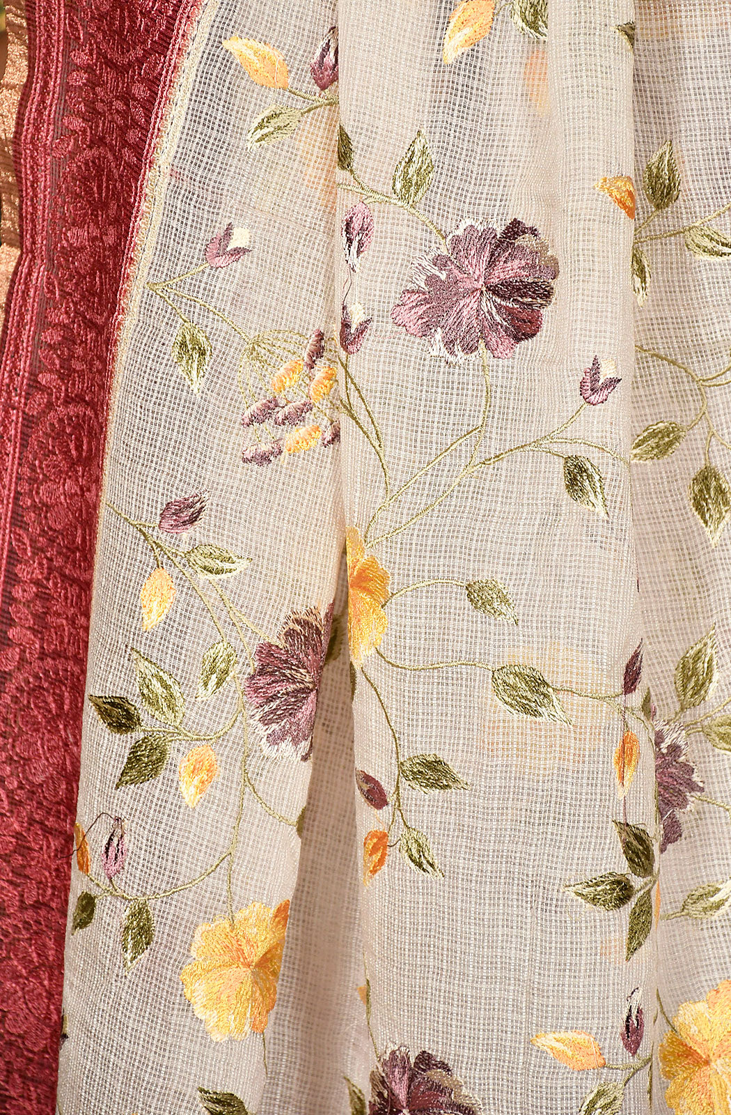 Off White and Maroon Kota Check Embroidered Saree - Naksheband