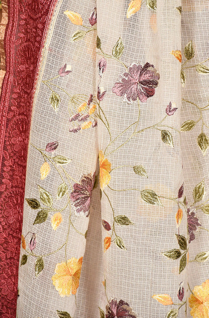 Off White and Maroon Kota Check Embroidered Saree - Naksheband