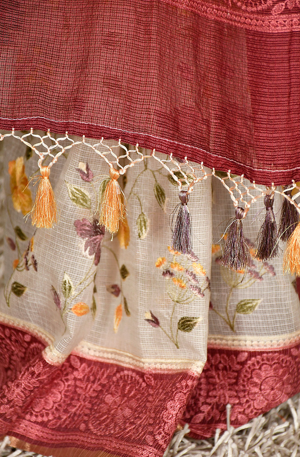 Off White and Maroon Kota Check Embroidered Saree - Naksheband
