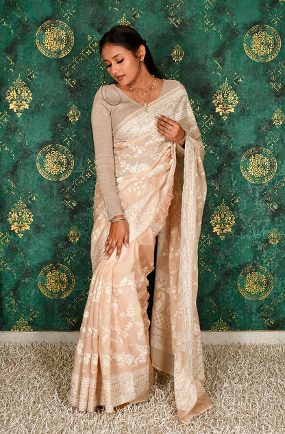 Peach Satin Organza Embroidered Saree