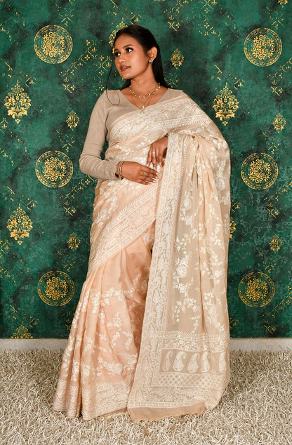 Peach Satin Organza Embroidered Saree