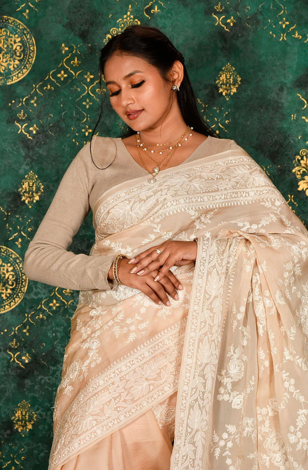 Peach Satin Organza Embroidered Saree